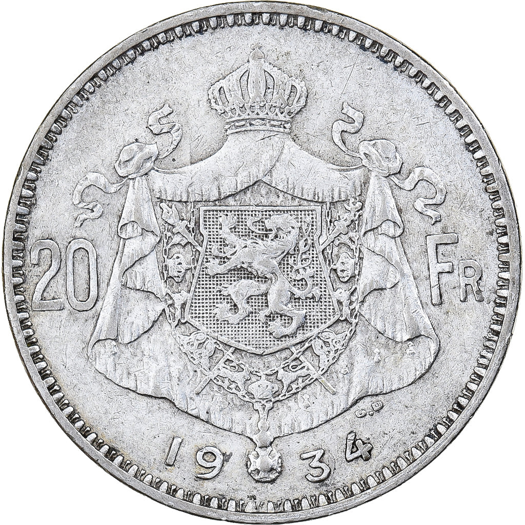 Bélgica, 20 Francs, 1934, Brussels, Prata, VF(30-35)