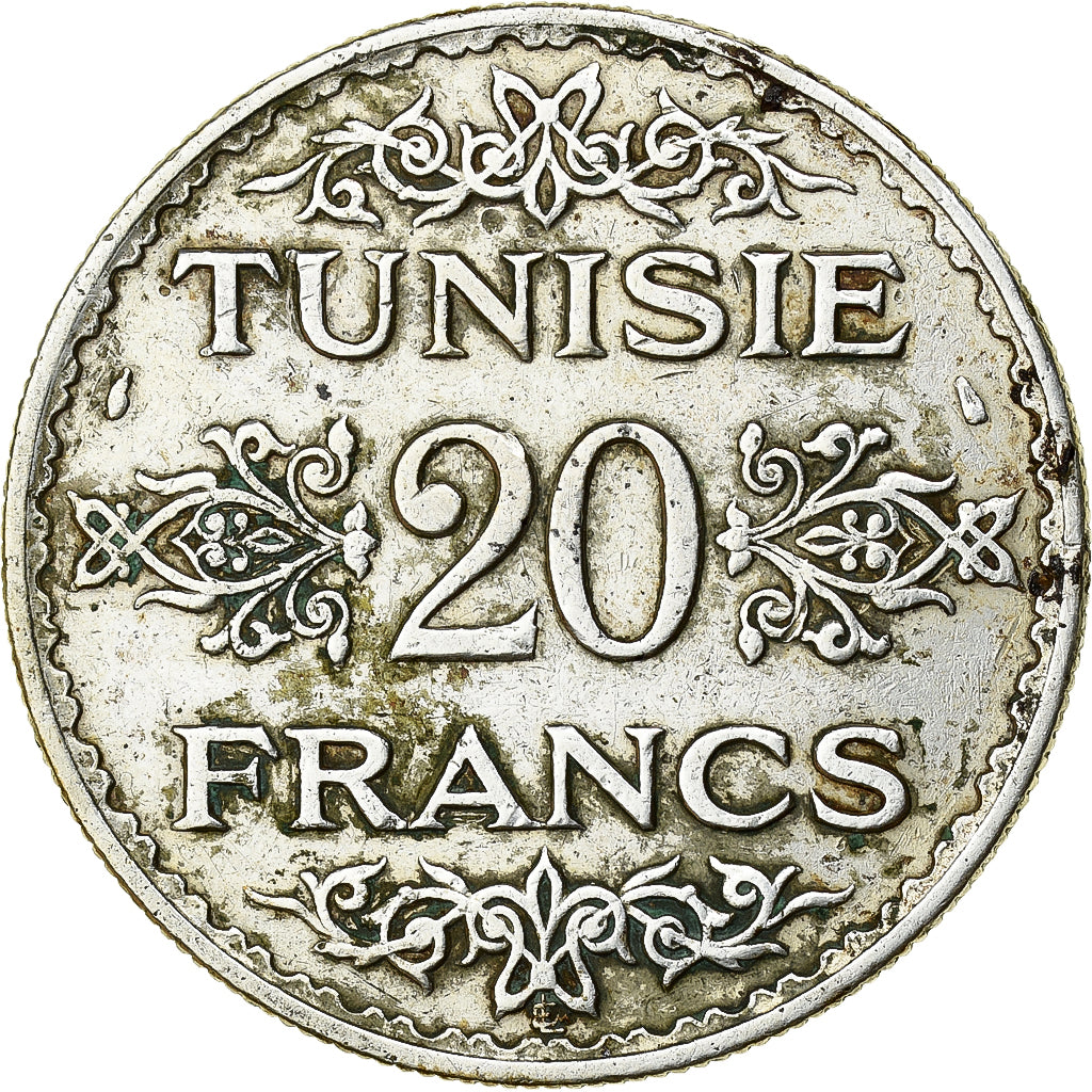 Tunisia, Ahmad Pasha Bey, 20 Francs, 1935/AH1353, Paris, Silver, VF(30-35)