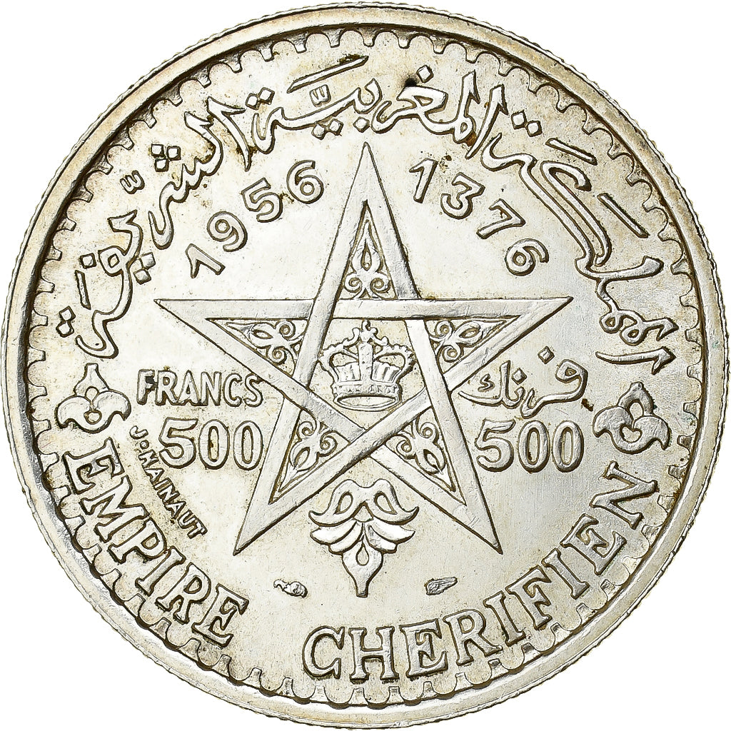 Maroko, Mohammed V, 500 Francs, AH 1376 (1956), Paris, Srebro, AU(55-58)