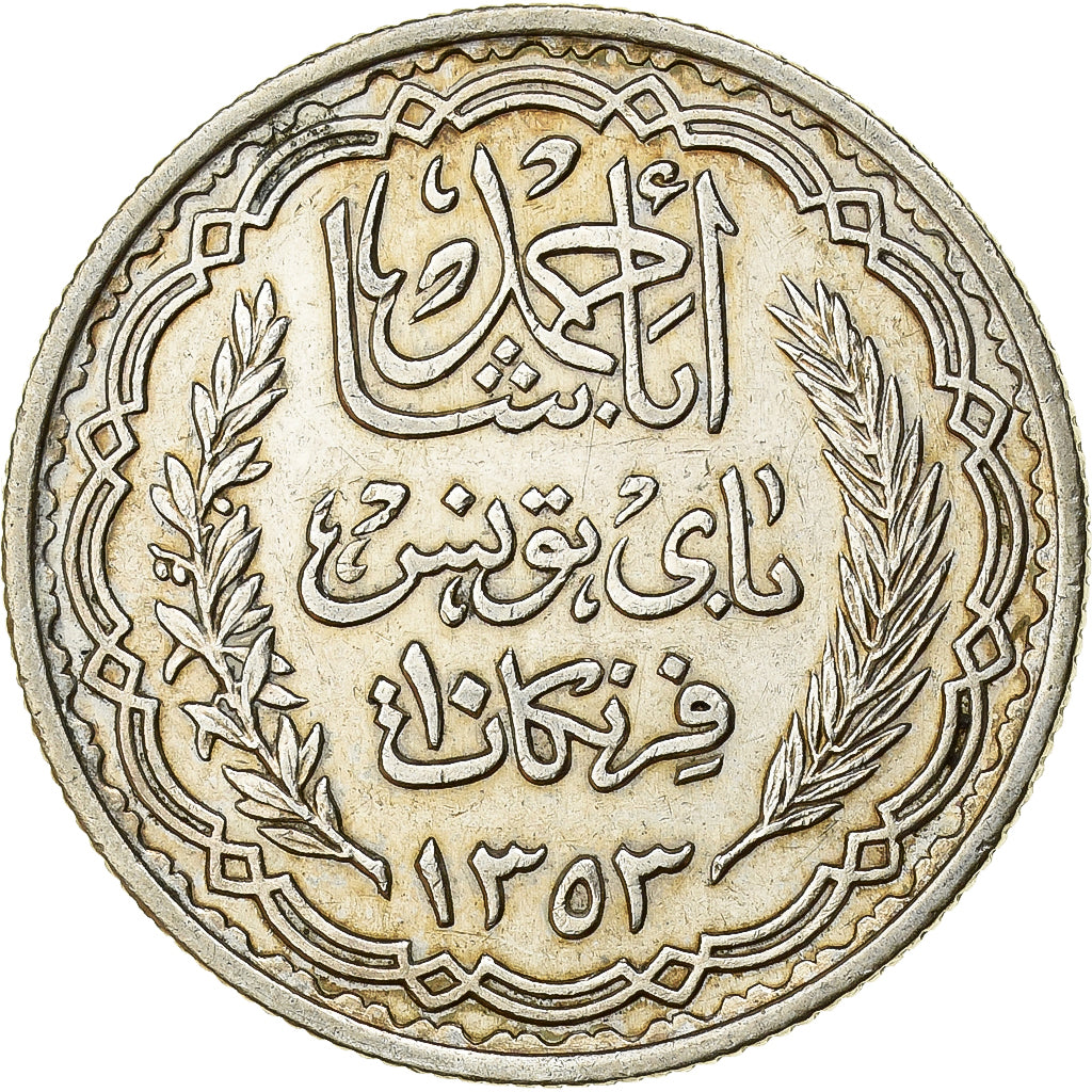 Tunisia, Ahmad Pasha Bey, 10 Francs, 1934, Paris, Silver, AU(55-58), KM:262