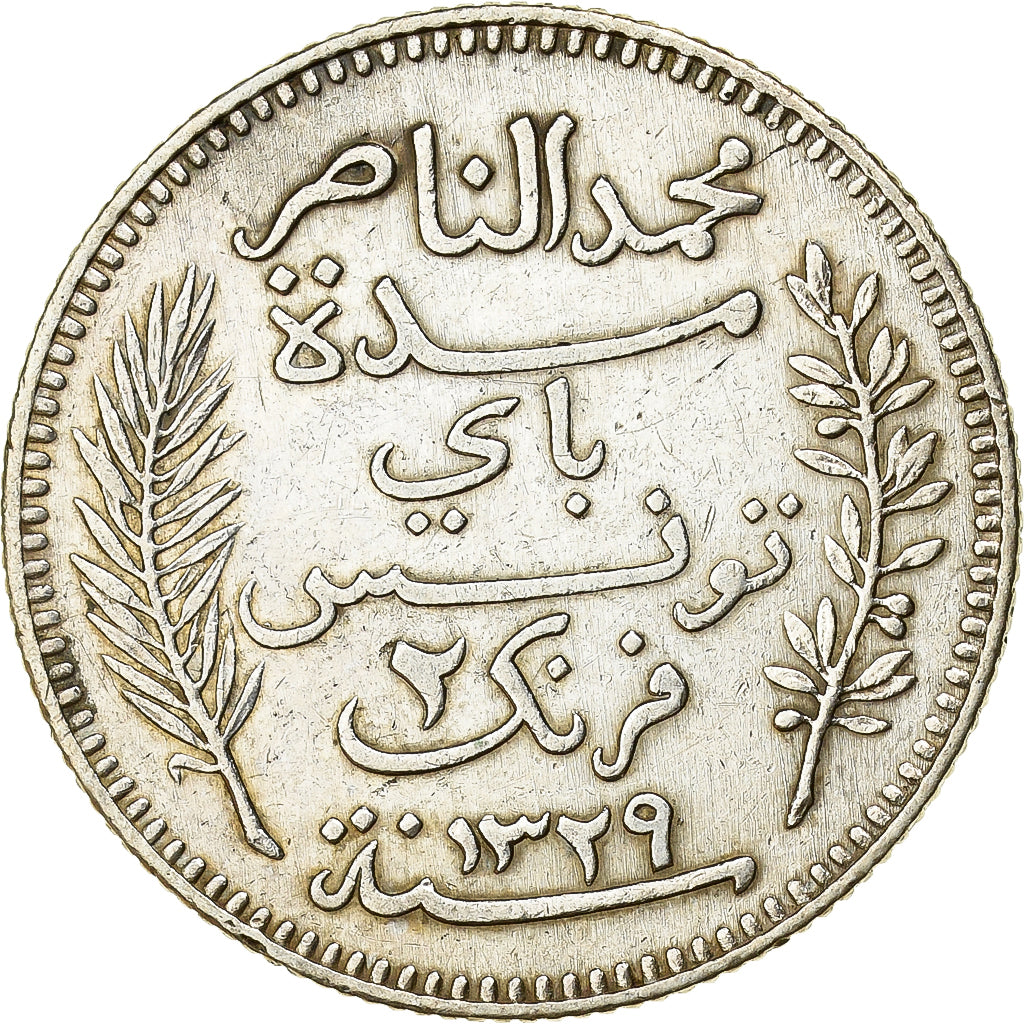 Tunisia, Muhammad al-Nasir Bey, 2 Francs, 1911, Paris, Silver, AU(55-58), KM:239
