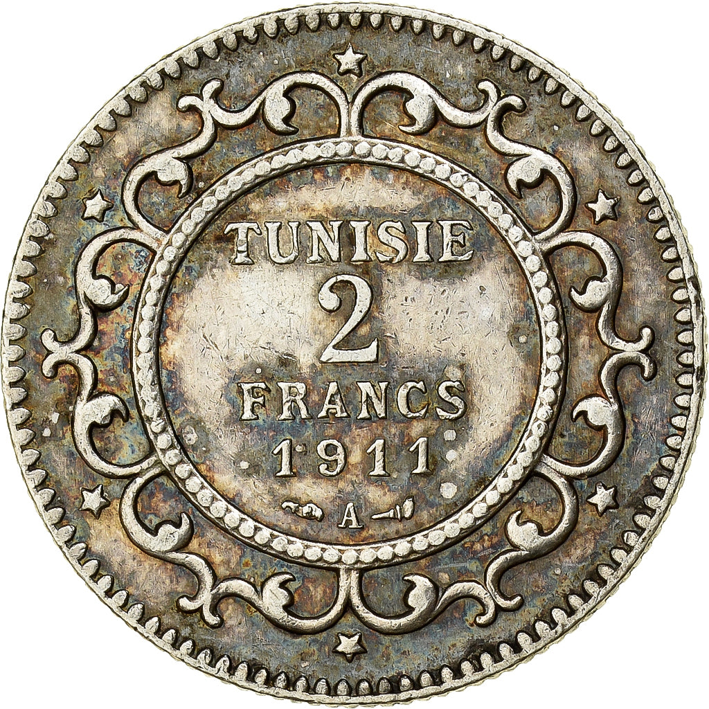 Tunisia, Muhammad al-Nasir Bey, 2 Francs, 1911, Paris, Silver, AU(55-58), KM:239