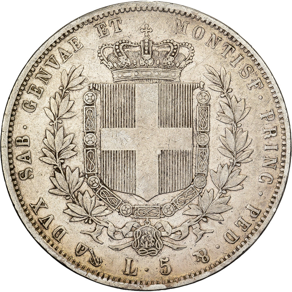 Italy, 5 Lire, 1851, Genoa, Silver, VF(30-35), KM:C124.1