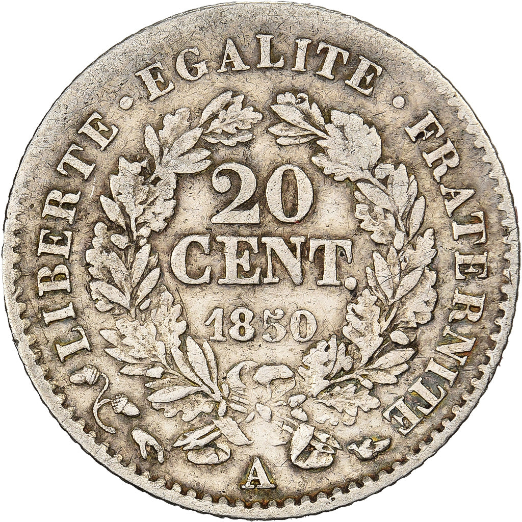 FRANCE, Cérès, 20 Centimes, 1850, Paris, KM #758.1, VF(30-35), Silver, Gadoury #