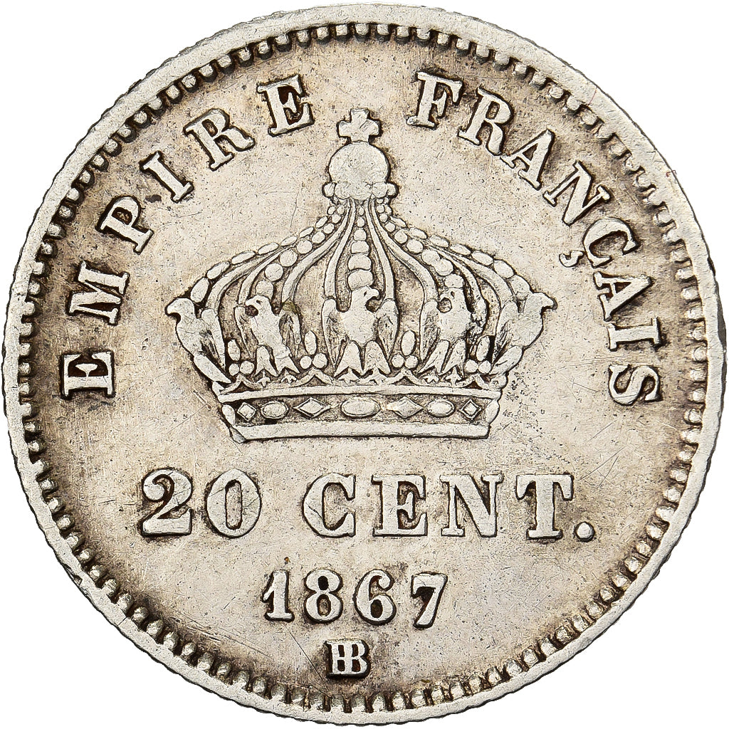 França, Napoleon III, 20 Centimes, 1867, Strasbourg, Prata, EF(40-45)