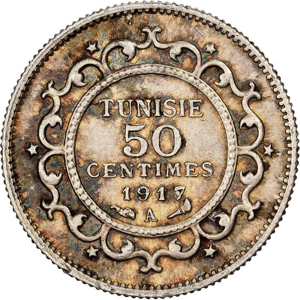 Moneta, Tunisia, Muhammad al-Nasir Bey, 50 Centimes, 1917, Paris, SPL-, Argento