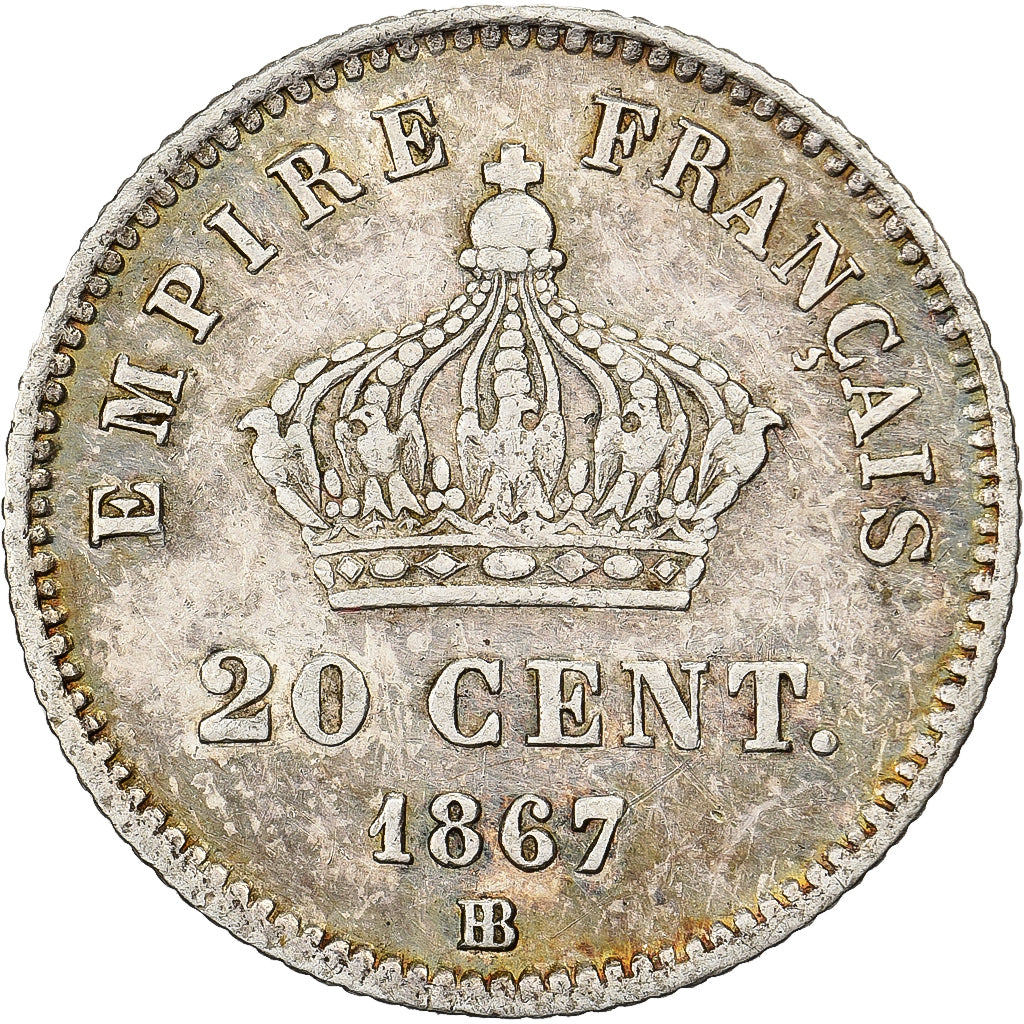 Francia, Napoleon III, 20 Centimes, 1867, Strasbourg, Argento, BB, Gadoury:309