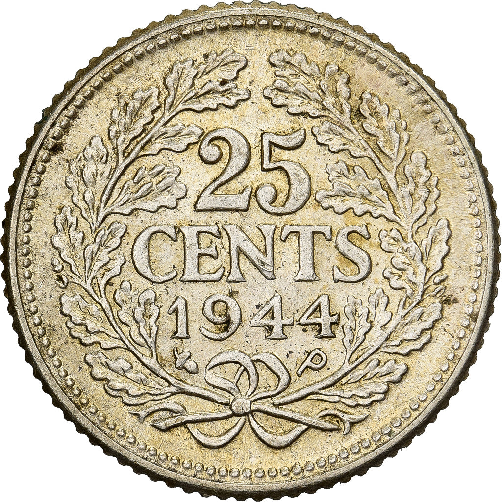 Países Bajos, Wilhelmina I, 25 Cents, 1944, Philadelphia, Plata, MBC, KM:164