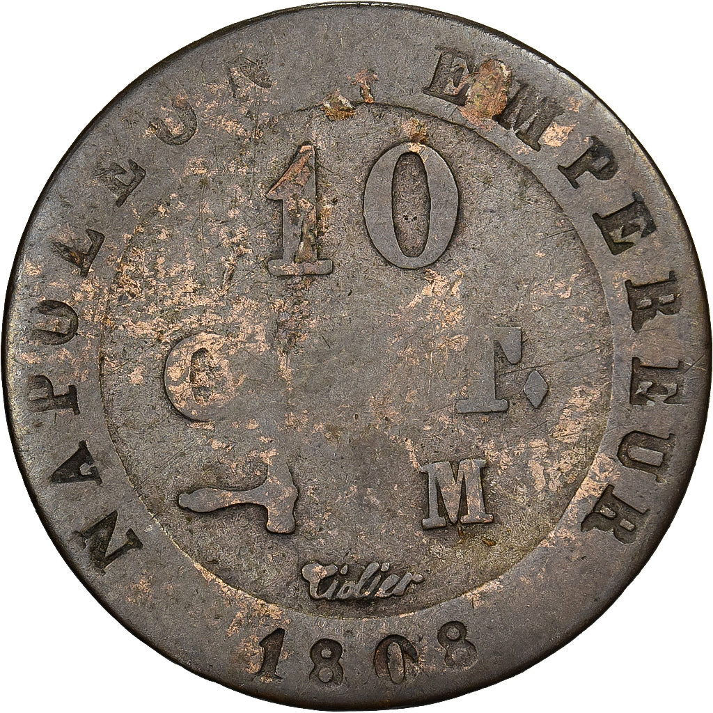 Francja, 10 Centimes, Napoléon I, 1808, Toulouse, Bilon, VF(20-25)
