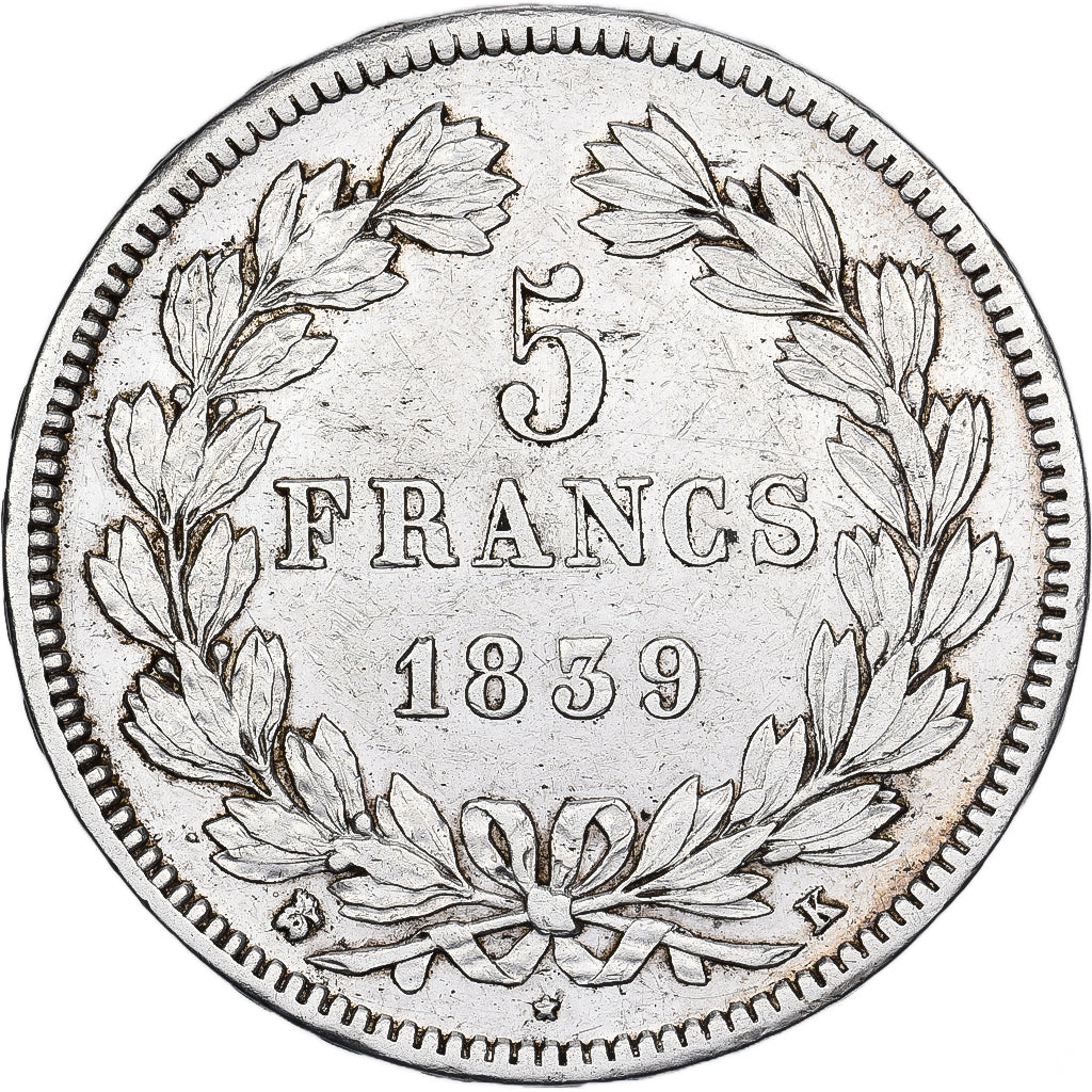 Moneta, Francia, Louis-Philippe, 5 Francs, 1839, Bordeaux, BB, Argento