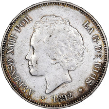 Moneta, Spagna, Alfonso XIII, 5 Pesetas, 1892, Madrid, BB, Argento, KM:700