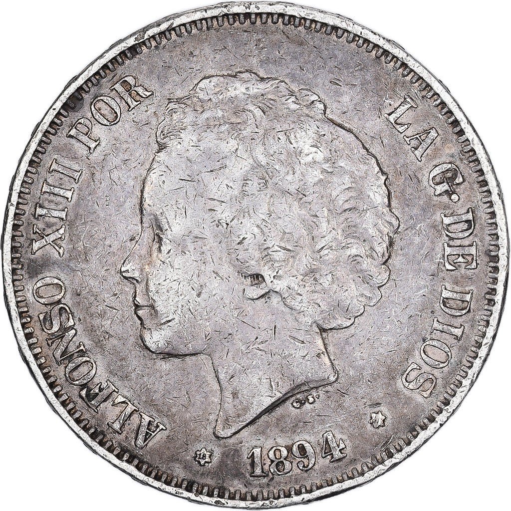 Moneta, Hiszpania, Alfonso XIII, 5 Pesetas, 1894, Valencia, EF(40-45), Srebro