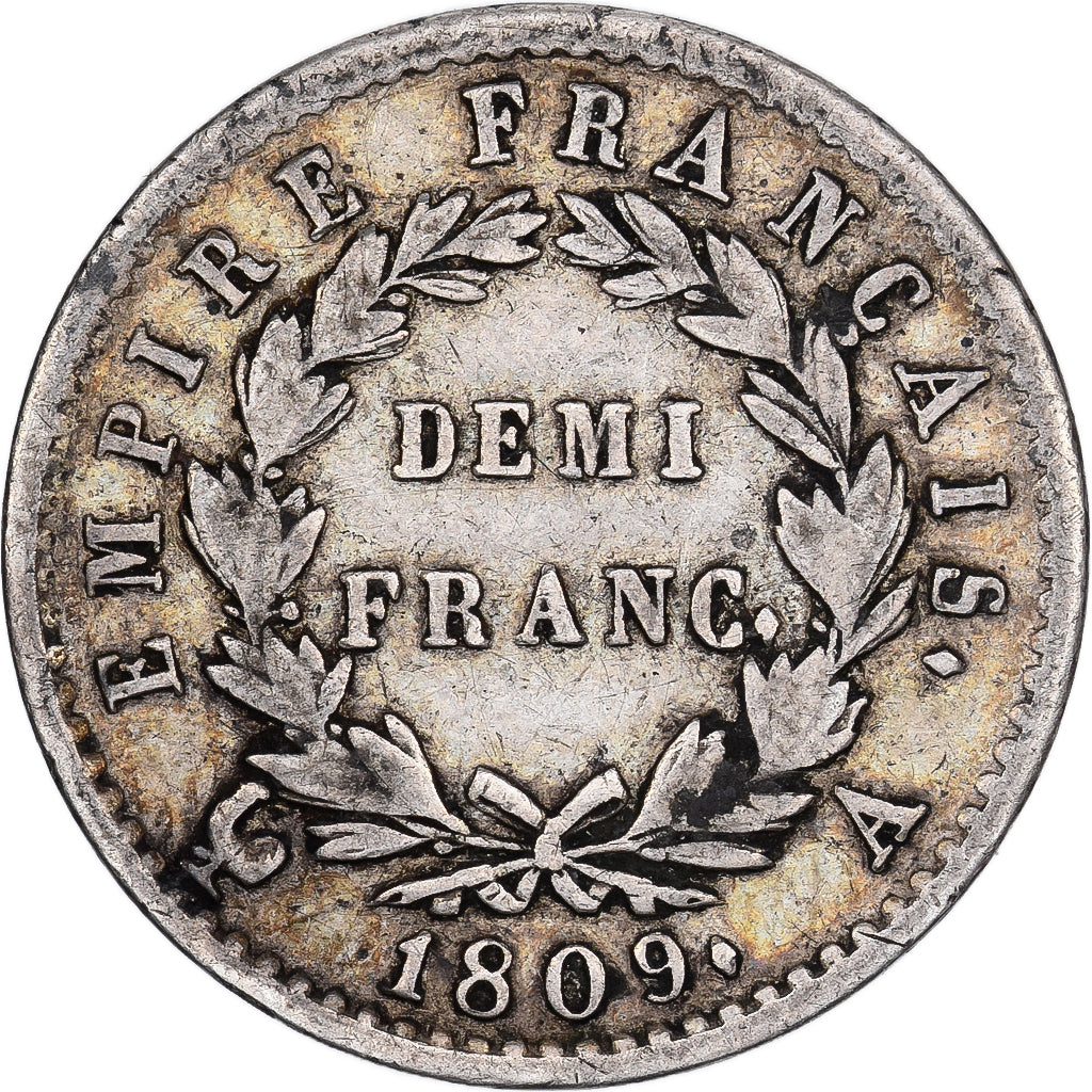 FRANCE, Napoléon I, 1/2 Franc, 1809, Paris, KM #691.1, EF(40-45), Silver, Gadour