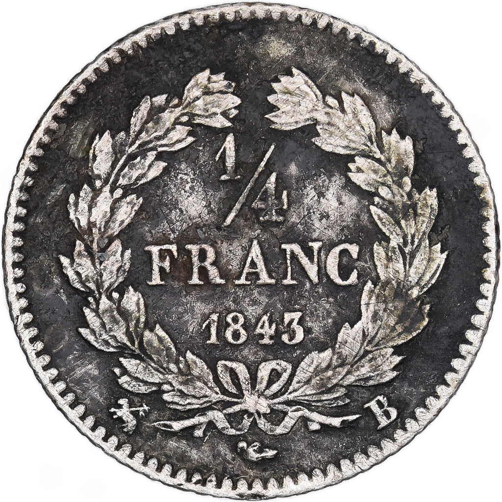 Moeda, França, Louis-Philippe, 1/4 Franc, 1843, Rouen, EF(40-45), Prata
