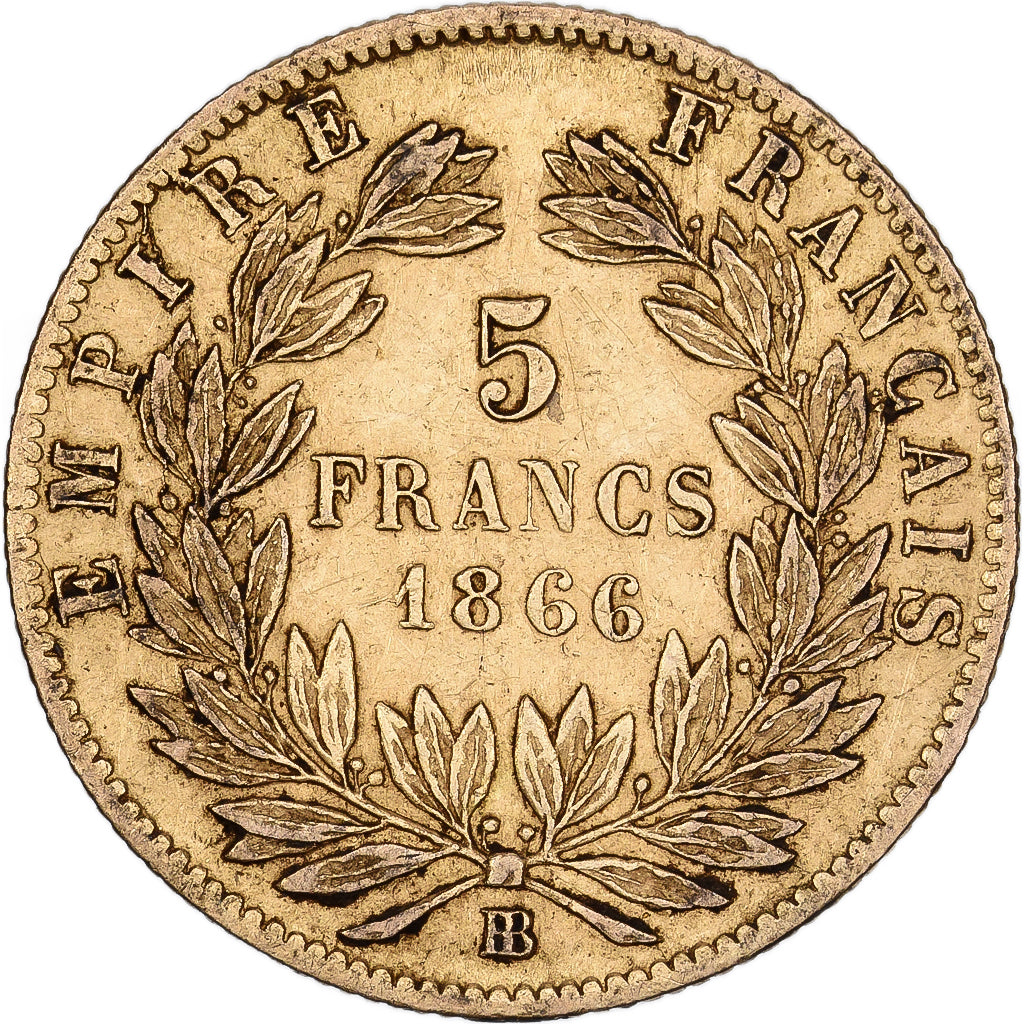 Francja, Napoleon III, 5 Francs, 1866, Strasbourg, Złoto, VF(30-35)