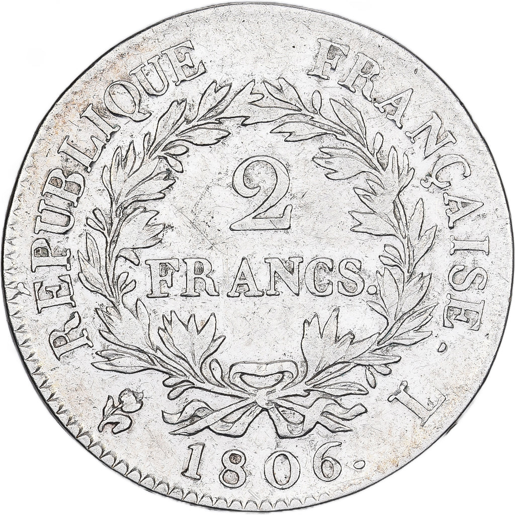 Frankrijk, Napoleon I, 2 Francs, 1806, Bayonne, tête nue, Zilver, FR+
