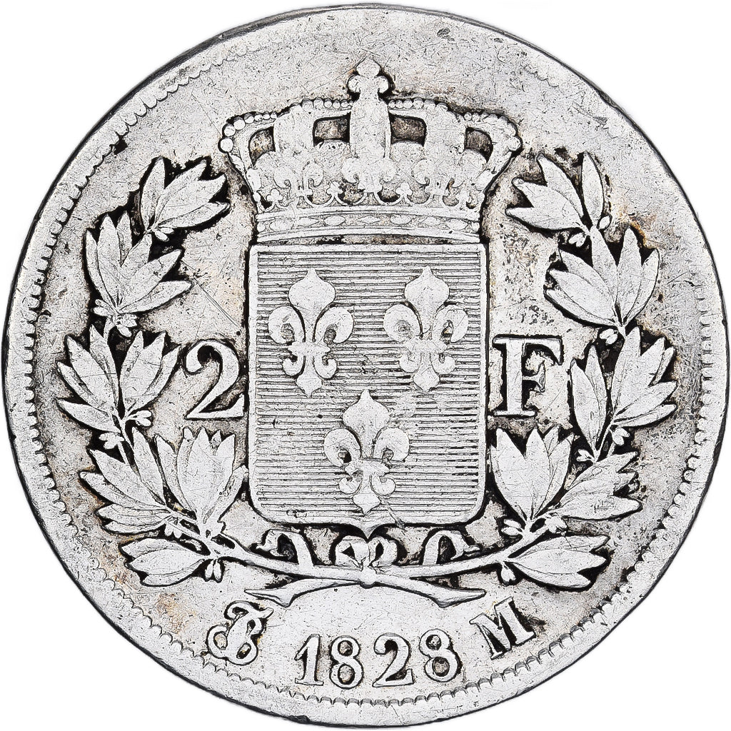 Moneda, Francia, Charles X, 2 Francs, 1828, Toulouse, BC+, Plata, KM:725.9