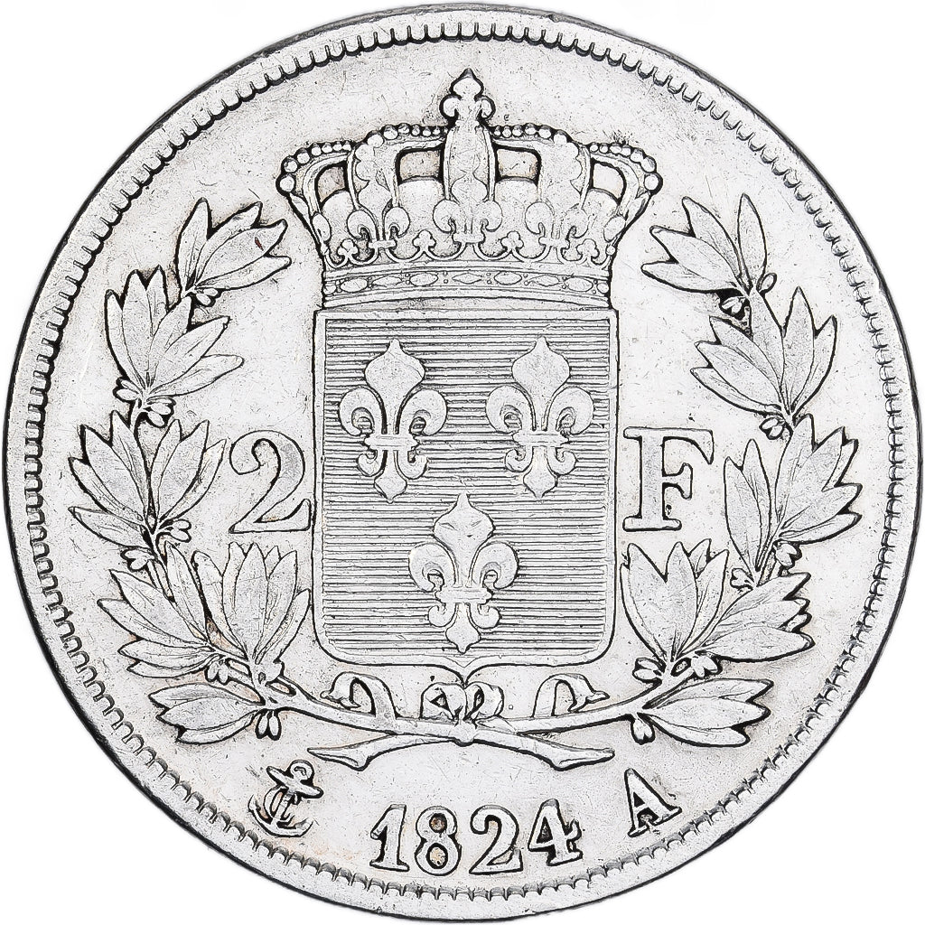 Moneda, Francia, Louis XVIII, Louis XVIII, 2 Francs, 1824, Paris, BC+, Plata