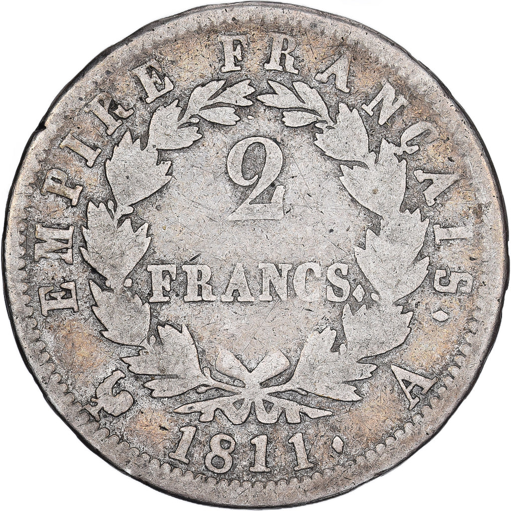 França, Napoleon I, 2 Francs, 1811, Paris, Prata, VF(20-25), Gadoury:501