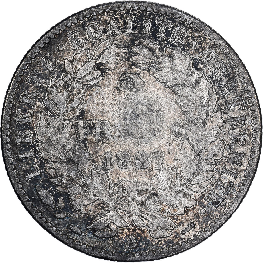 Moneda, Francia, Cérès, 2 Francs, 1887, Paris, BC+, Plata, KM:817.1