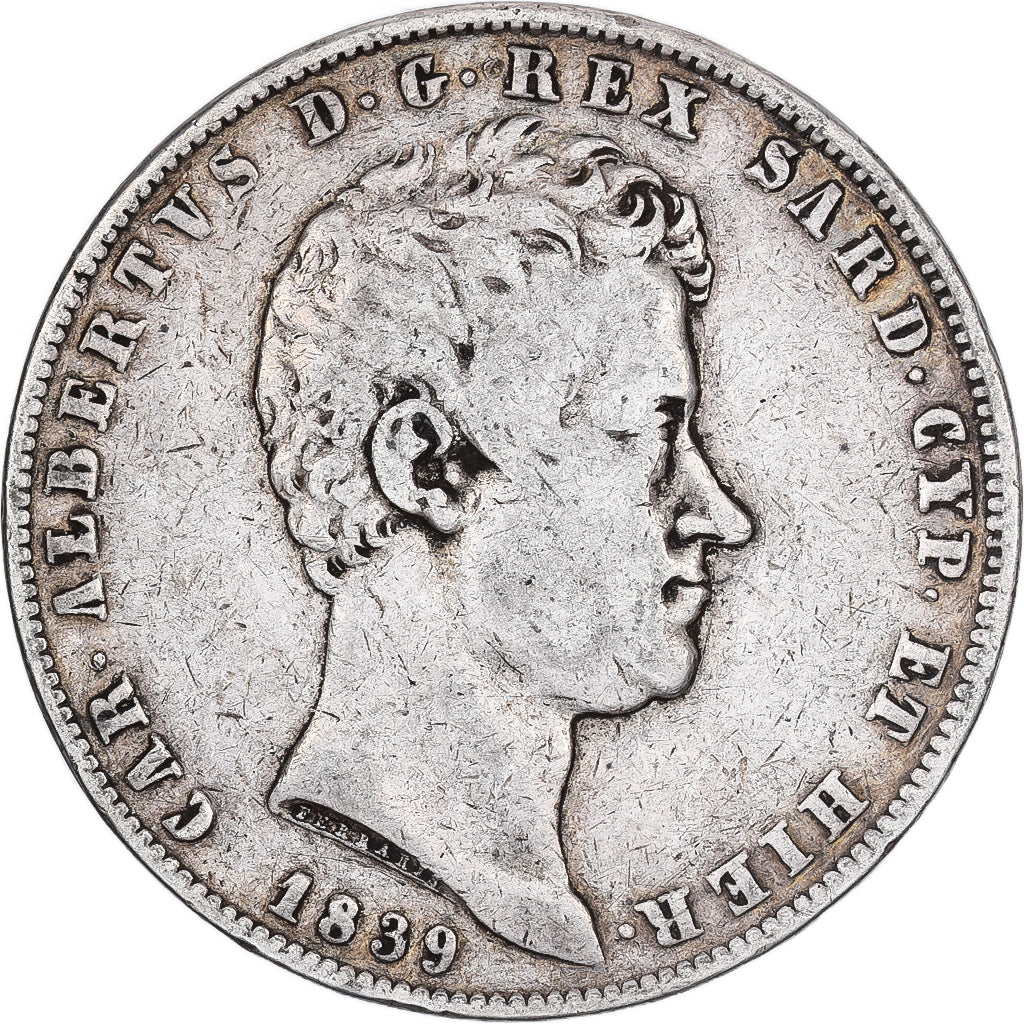 Moneta, STATI ITALIANI, SARDINIA, Carlo Alberto, 5 Lire, 1839, Genoa, MB+