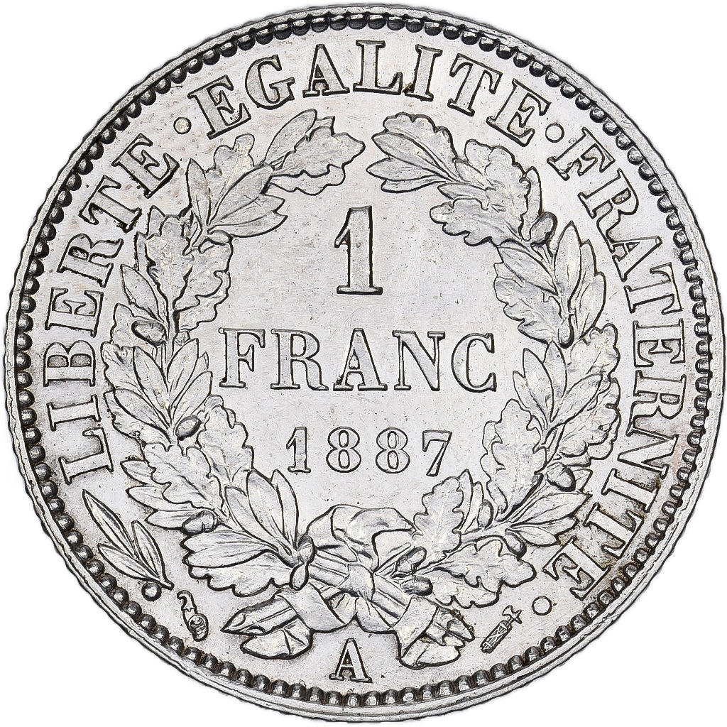 Coin, France, Cérès, Franc, 1887, Paris, AU(50-53), Silver, KM:822.1
