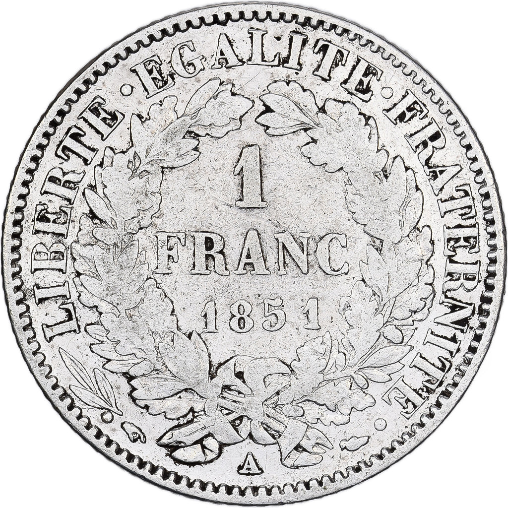 FRANCE, Cérès, Franc, 1851, Paris, KM #759.1, VF(20-25), Silver, Gadoury #457, 4