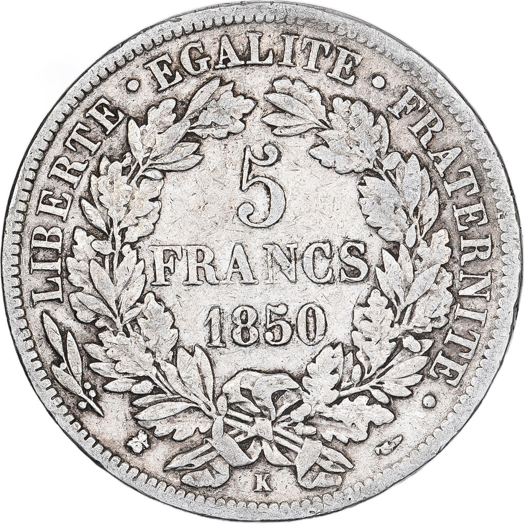 Francia, Cérès, 5 Francs, 1850, Bordeaux, MB+, Argento, KM:761.3, Gadoury:719