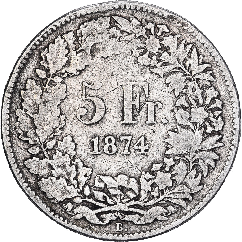 Switzerland, 5 Francs, 1874, Bern, VG(8-10), Silver, KM:11