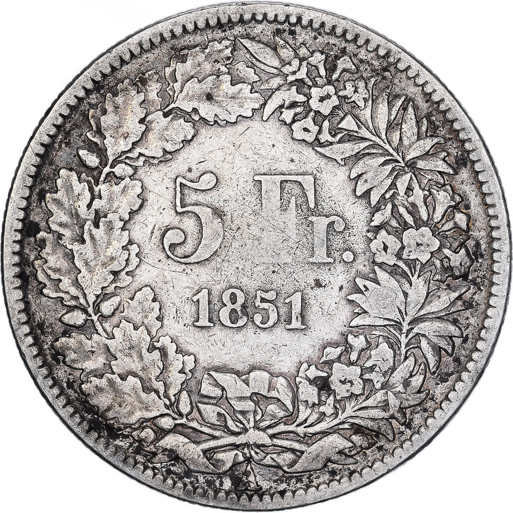 Svizzera, 5 Francs, 1851, Paris, Argento, MB+, KM:11