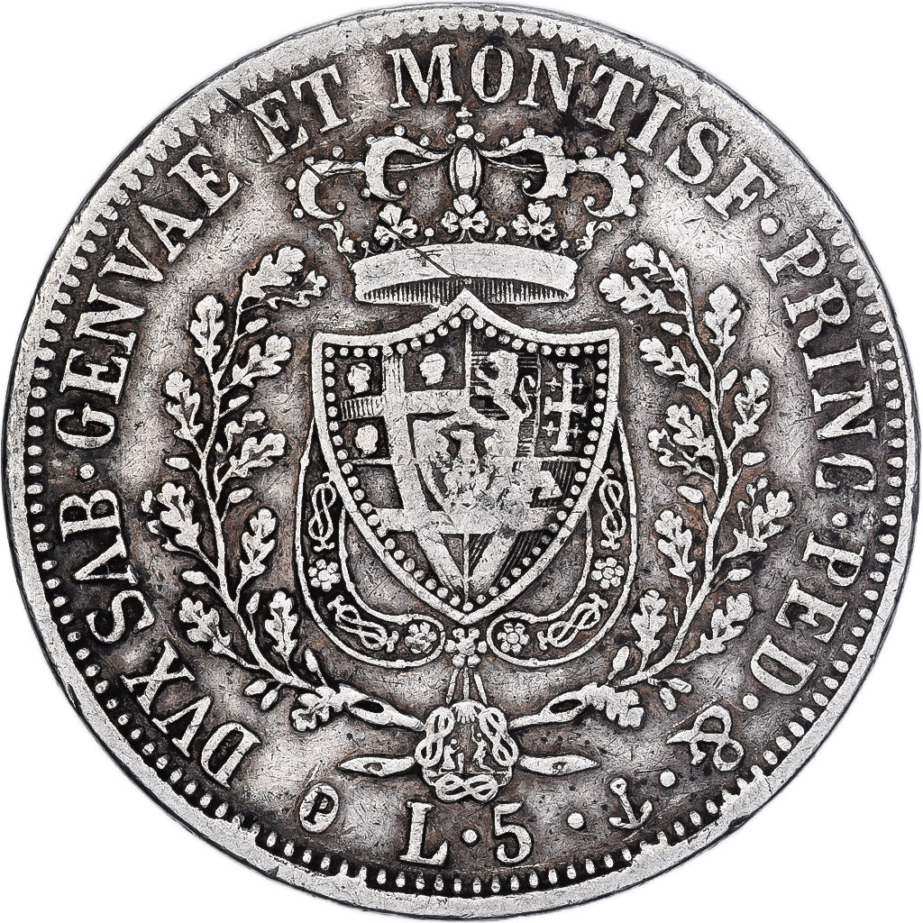 États italiens, SARDINIA, Carlo Felice, 5 Lire, 1826, Genoa, Argent, TB+