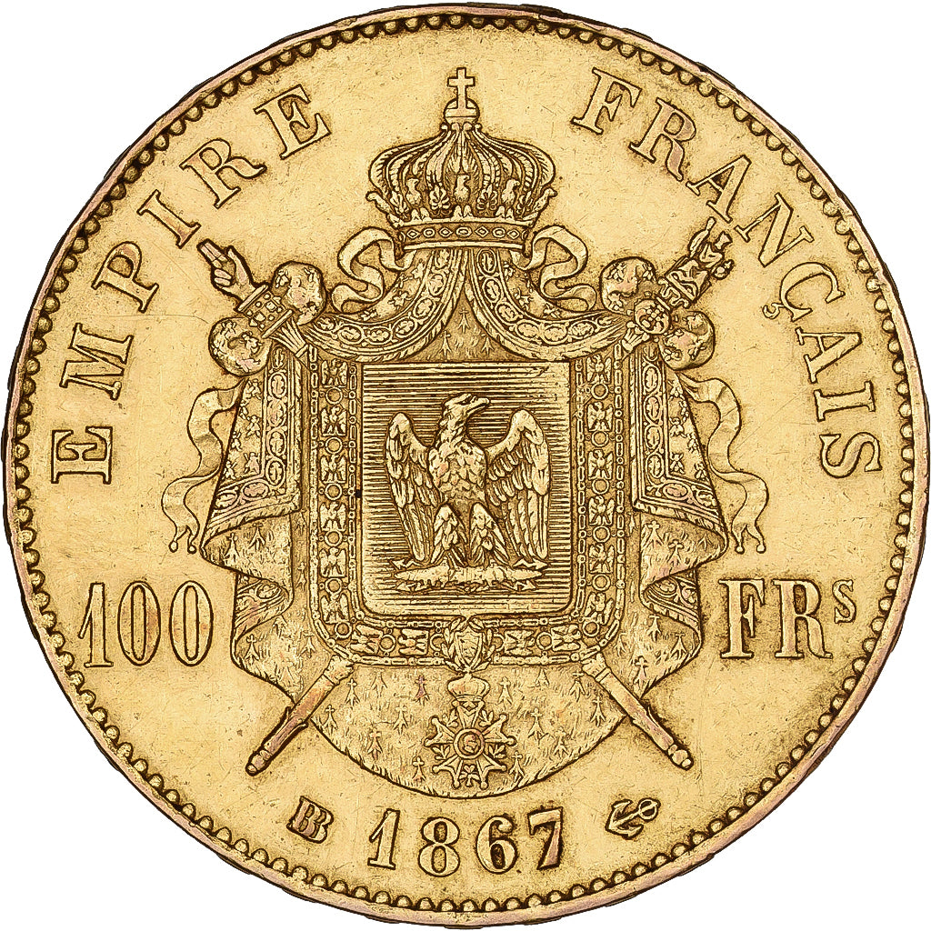 Moneta, Francia, Napoleon III, Napoléon III, 100 Francs, 1867, Strasbourg, BB