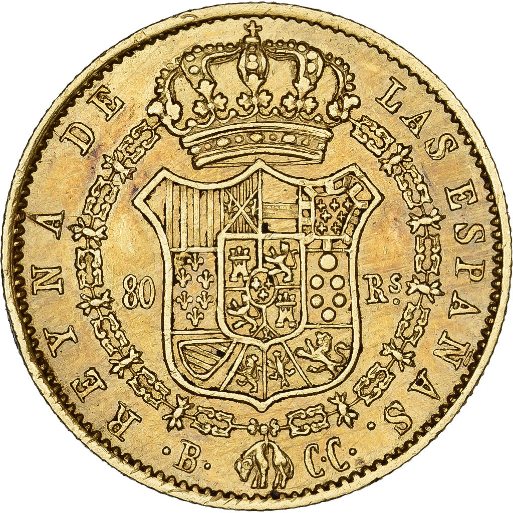 Spagna, Isabel II, 80 Reales, 1844, Barcelone, Oro, BB, KM:578.1