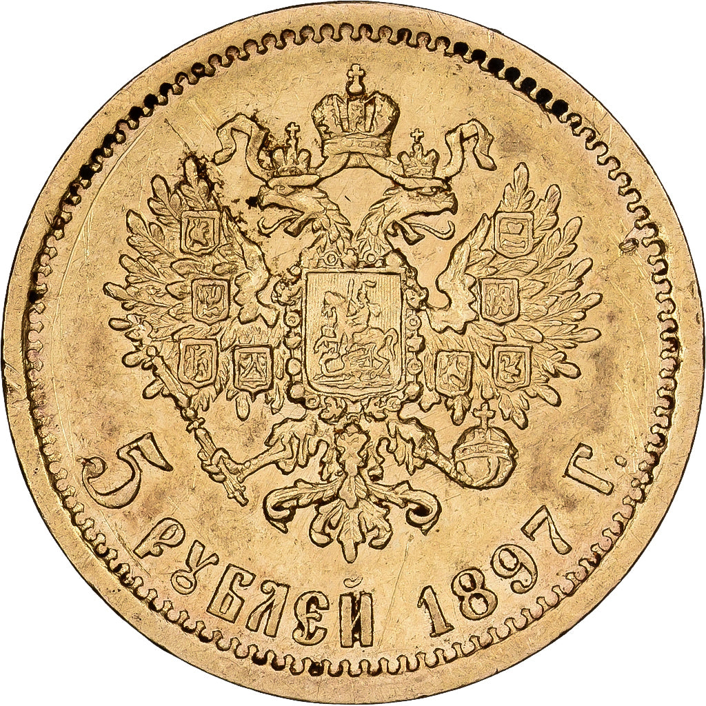 Russie, Nicholas II, 5 Roubles, 1897, St. Petersburg, Or, TTB+, KM:62