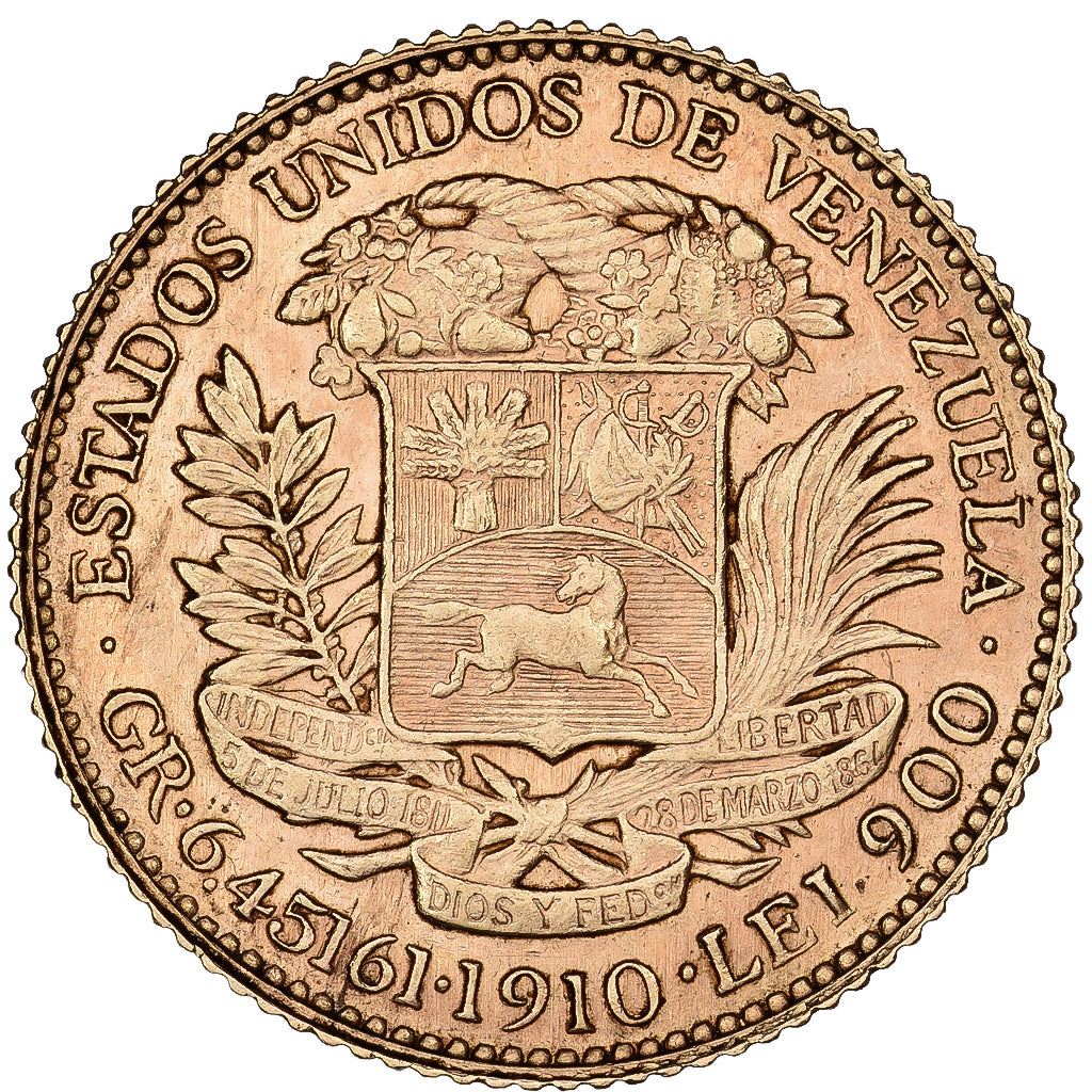 Venezuela, 20 Bolivares, 1910, Gold, KM:32