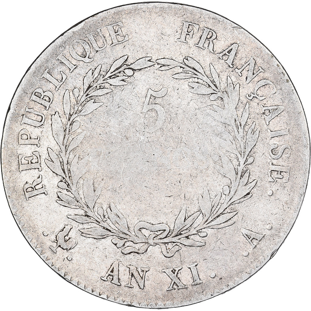 Moneta, Francia, Napoleon I, 5 Francs, An XI, Paris, B+, Argento, Gadoury:577