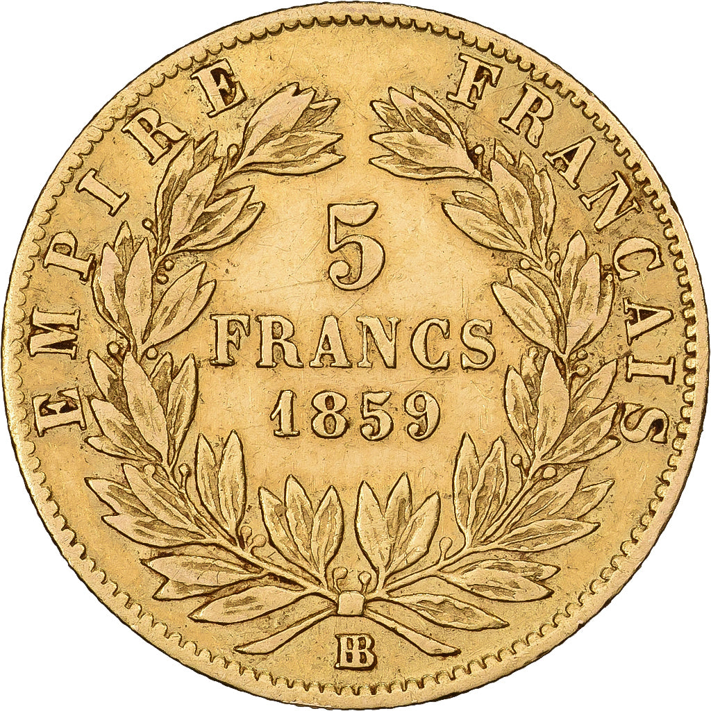 Frankrijk, Napoleon III, 5 Francs, Napoléon III, 1859, Strasbourg, Goud, ZF