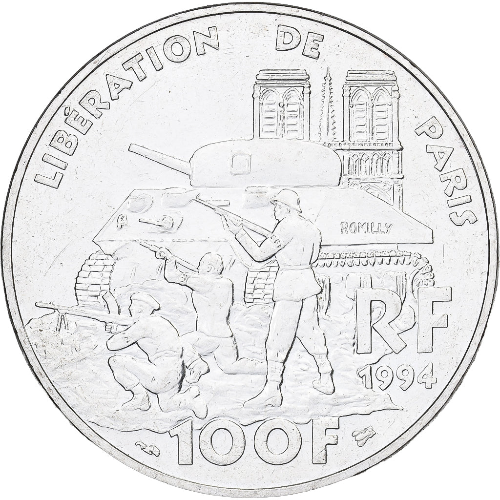 France, Libération de Paris, 100 Francs, 1994, MS(60-62), Silver, KM:1045.1