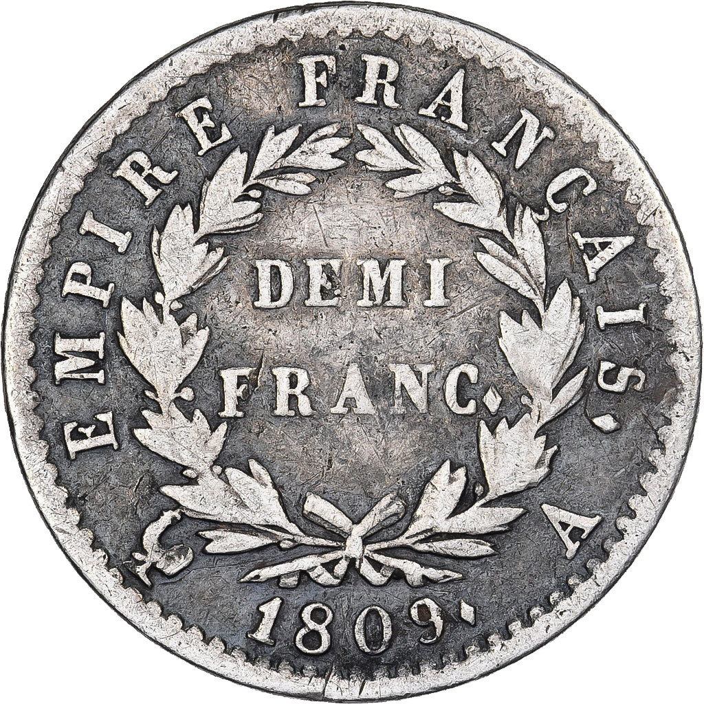 Moneta, Francia, Napoléon I, 1/2 Franc, 1809, Paris, MB+, Argento, KM:691.1