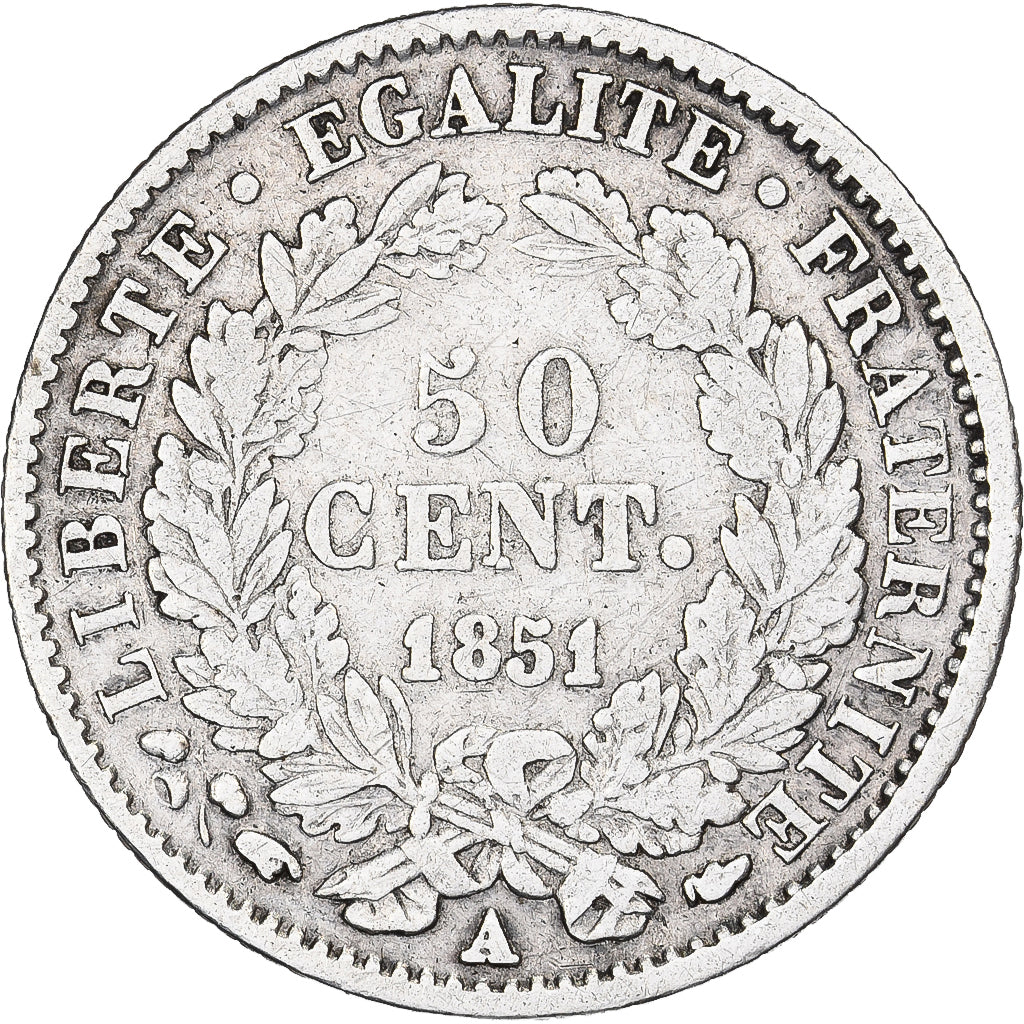 France, 50 Centimes, 1851, Paris, Silver, VF(30-35), Gadoury:411, KM:769.1