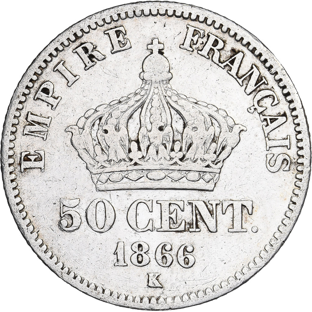 France, Napoleon III, 50 Centimes, 1866, Bordeaux, Silver, VF(30-35)