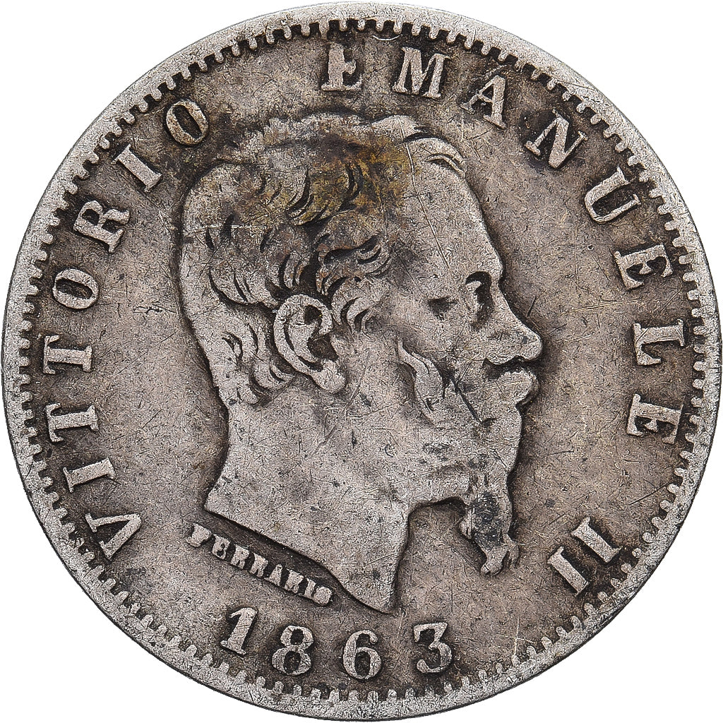 Italia, Vittorio Emanuele II, 20 Centesimi, 1863, Milan, Plata, BC+, KM:13.1