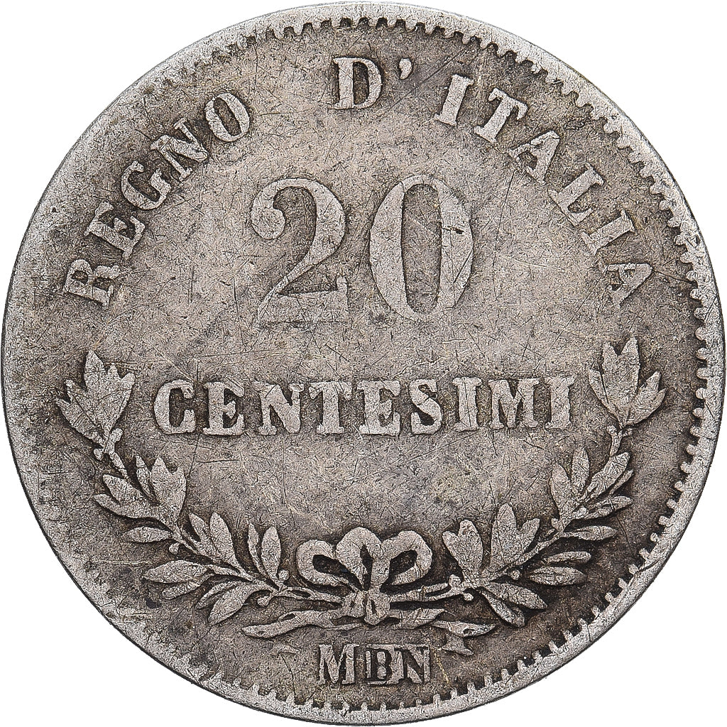 Italia, Vittorio Emanuele II, 20 Centesimi, 1863, Milan, Plata, BC+, KM:13.1