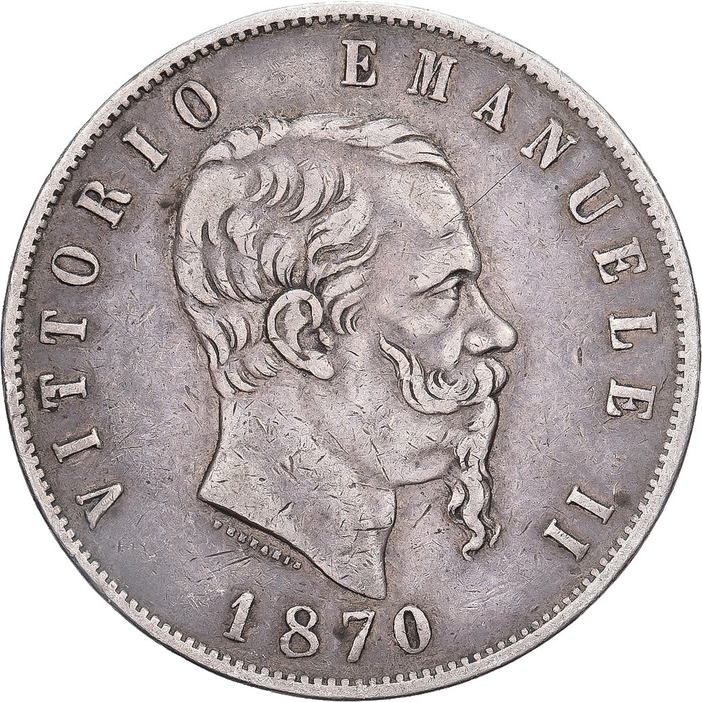 Italy, Vittorio Emanuele II, 5 Lire, 1870, Milan, EF(40-45), Silver, KM:8.3