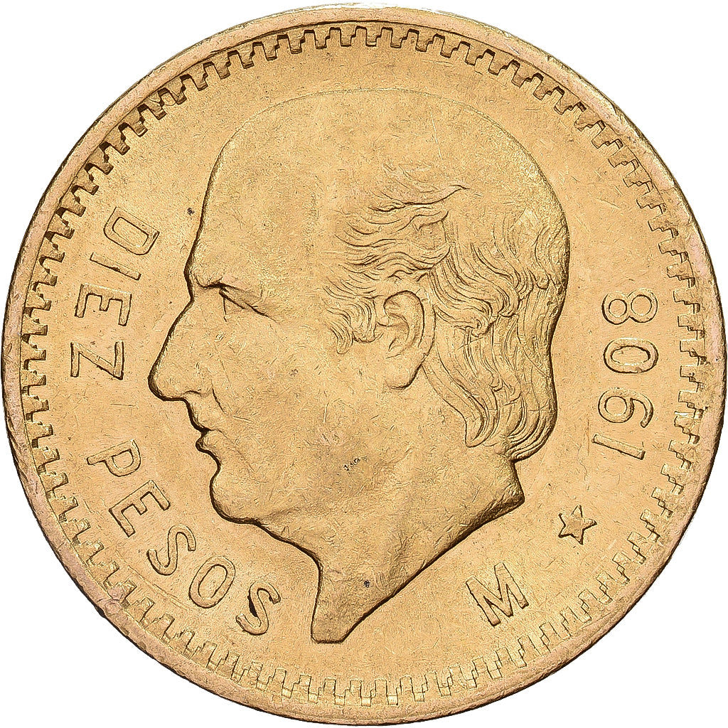 Mexico, 10 Pesos, 1908, Mexico City, Gold, AU(50-53), KM:473