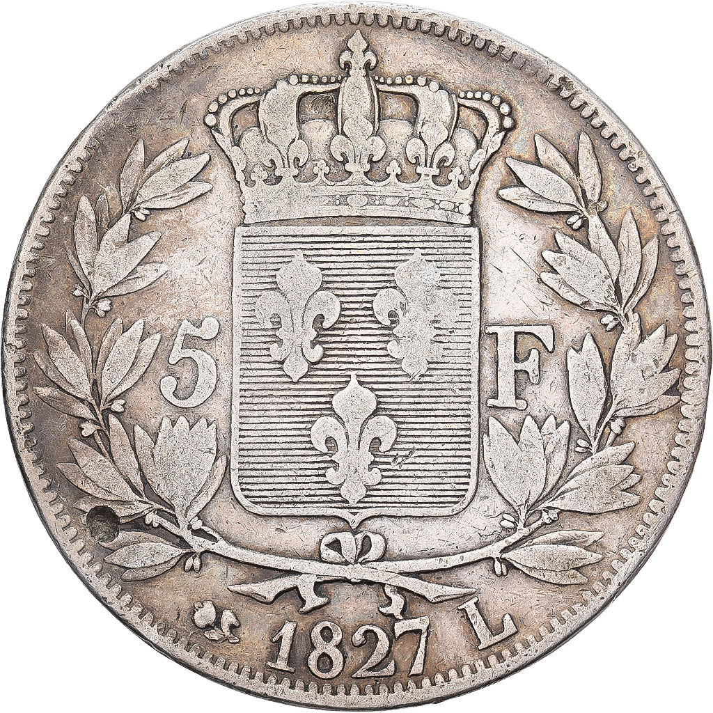 Moneta, Francja, Charles X, 5 Francs, 1827, Bayonne, VF(20-25), Srebro
