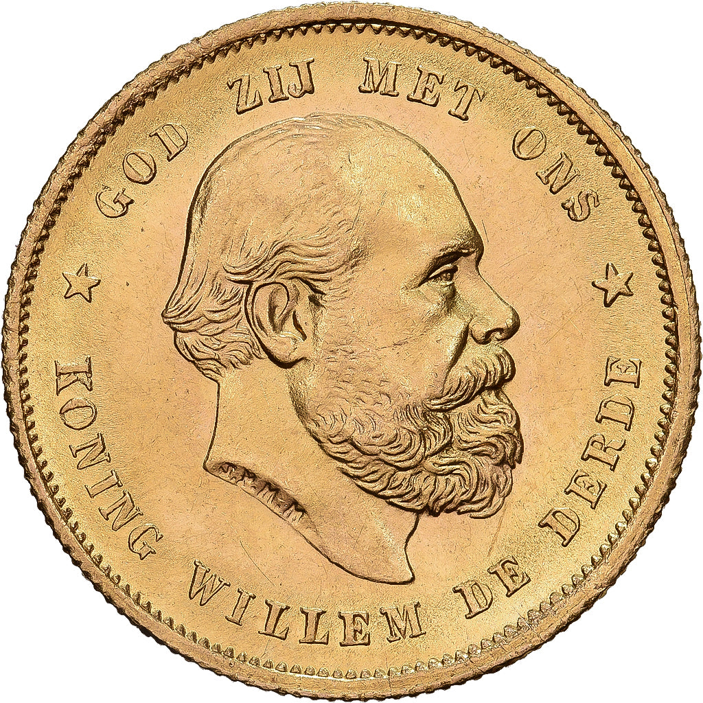 Coin, Netherlands, William III, 10 Gulden, 1889, MS(60-62), Gold, KM:106