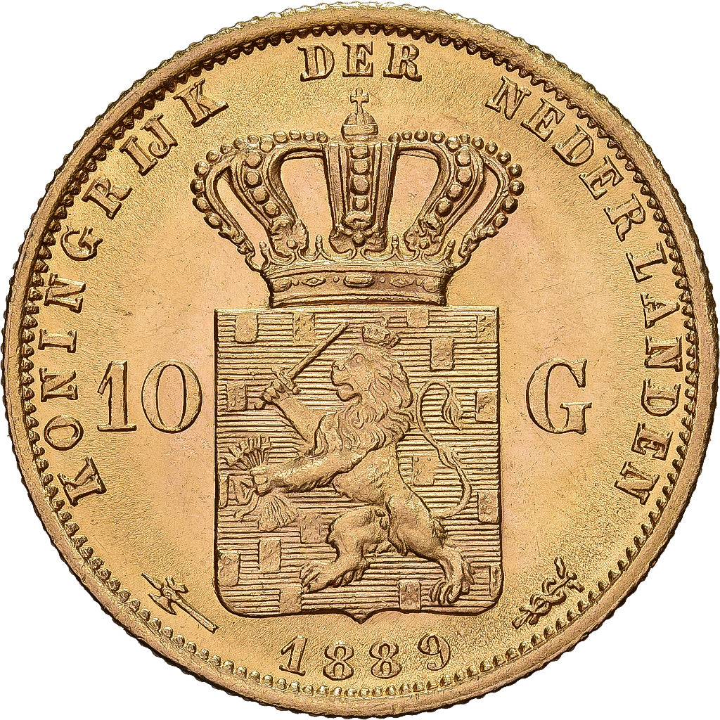 Coin, Netherlands, William III, 10 Gulden, 1889, MS(60-62), Gold, KM:106