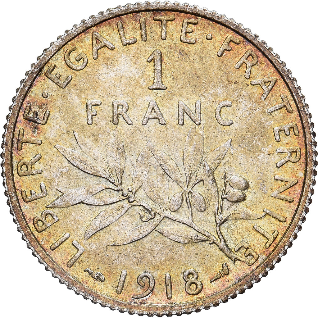 FRANCE, Semeuse, Franc, 1918, Paris, KM #844.1, MS(60-62), Silver, 23, Gadoury..