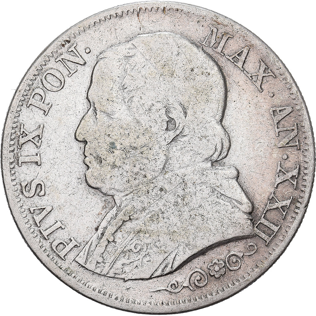 ITALIAN STATES, 1 Lira, 1867, Roma, KM #1378, VF(30-35), Silver, 4.80